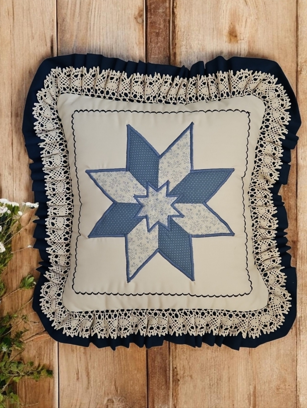 Handcrafted Vintage Blue Lone Star Quilted Decorative Pillow with Lace Trim Farm